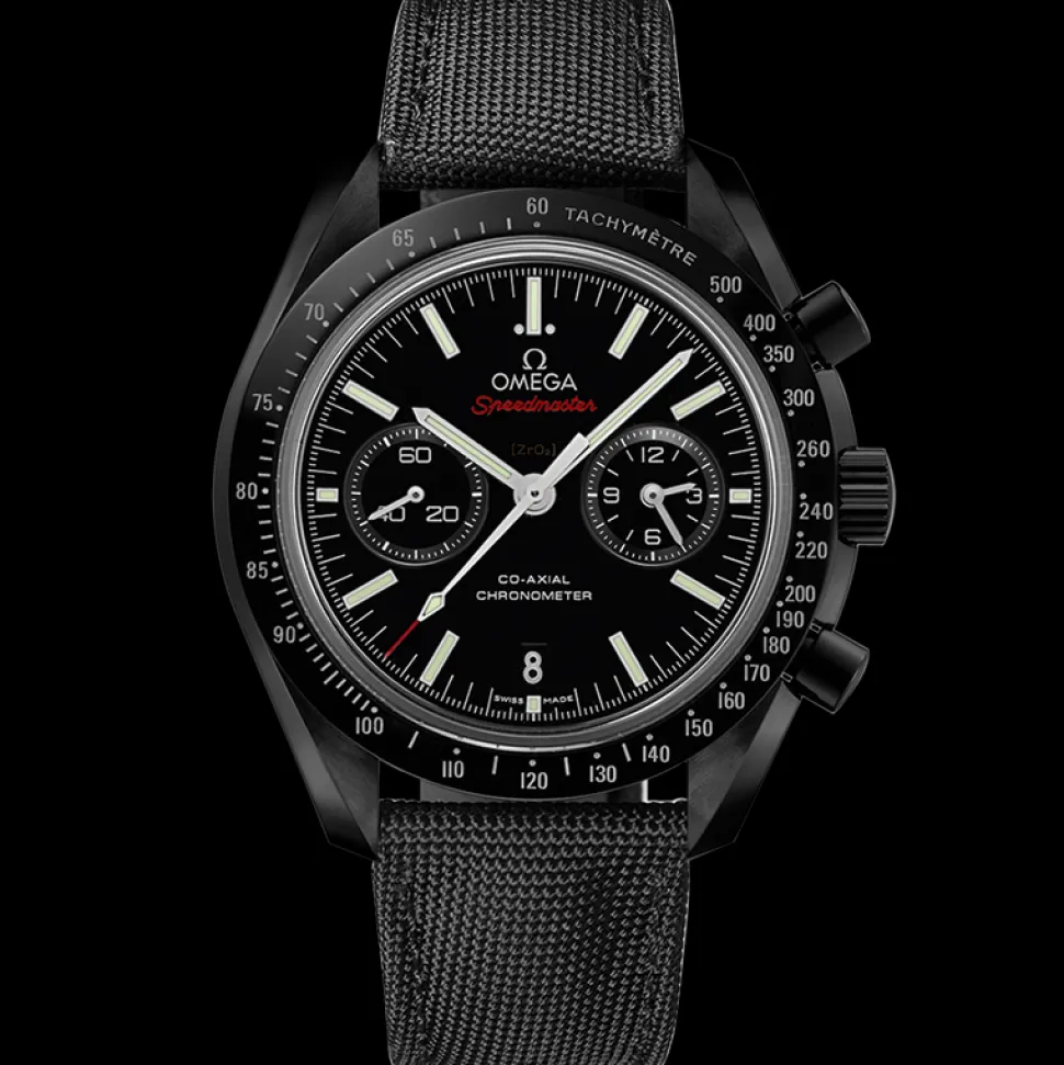 44.25 mm, black ceramic on coated nylon fabric strap with foldover clasp