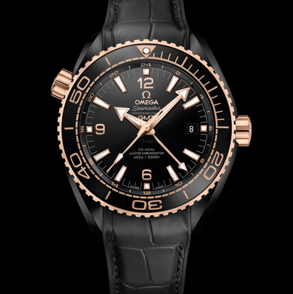 45.5 mm, black ceramic on leather strap with rubber lining