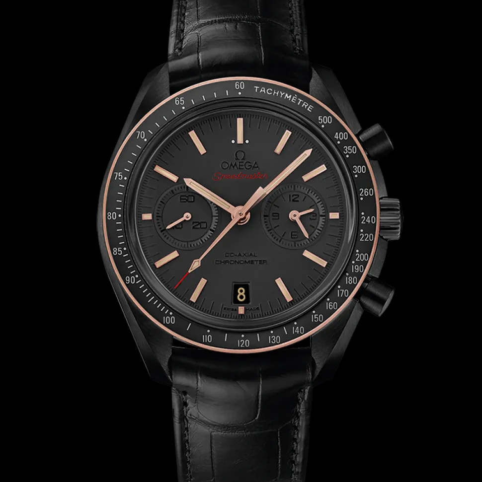 44.25 mm, black ceramic on leather strap