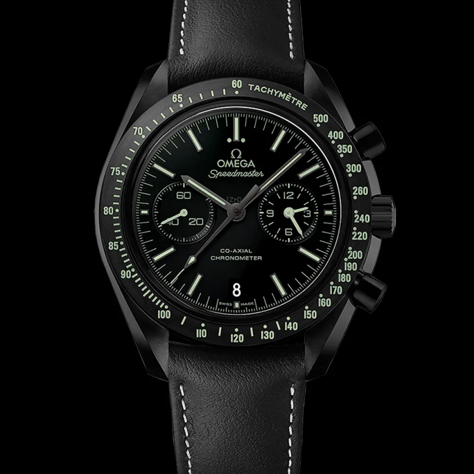 44.25 mm, black ceramic on leather strap