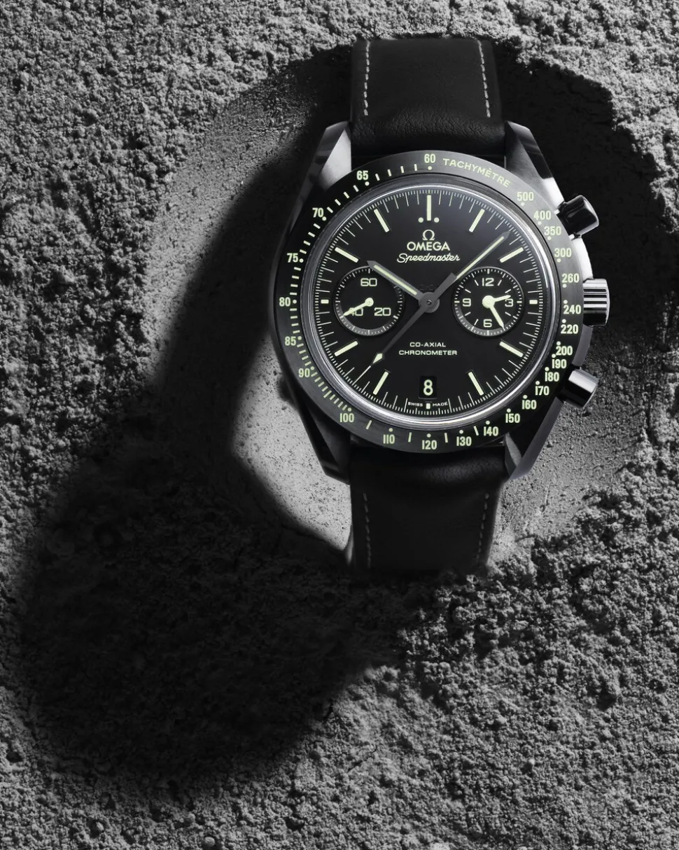 44.25 mm, black ceramic on leather strap