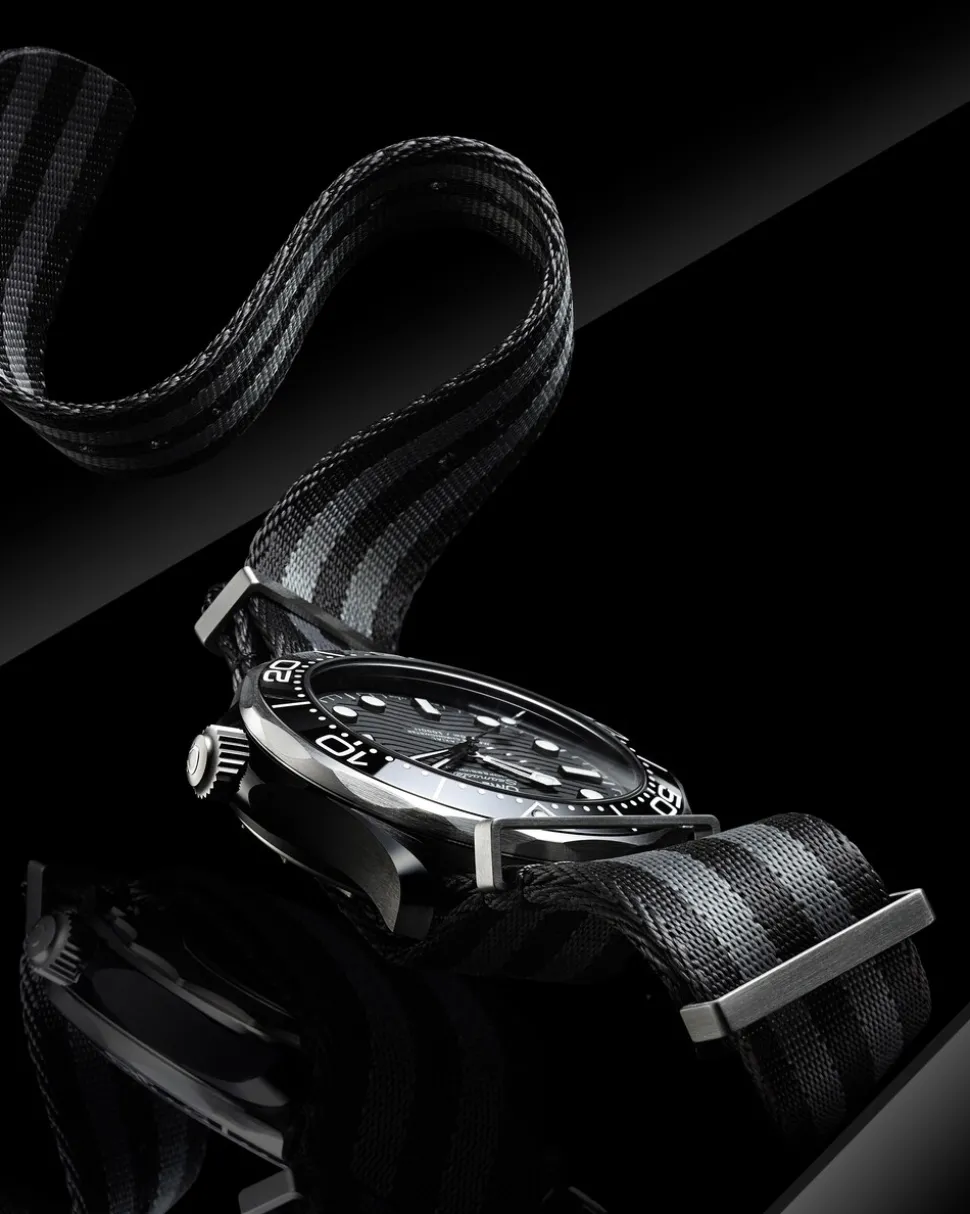 43.5 mm, black ceramic on NATO strap