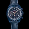44.25 mm, blue ceramic on leather strap