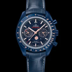 44.25 mm, blue ceramic on leather strap
