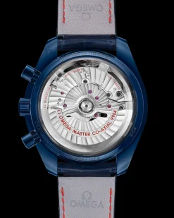 44.25 mm, blue ceramic on leather strap
