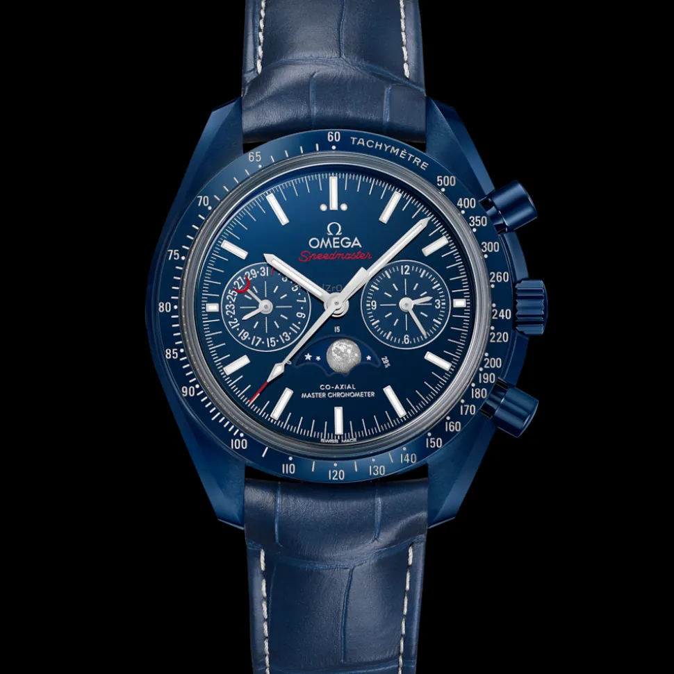 44.25 mm, blue ceramic on leather strap