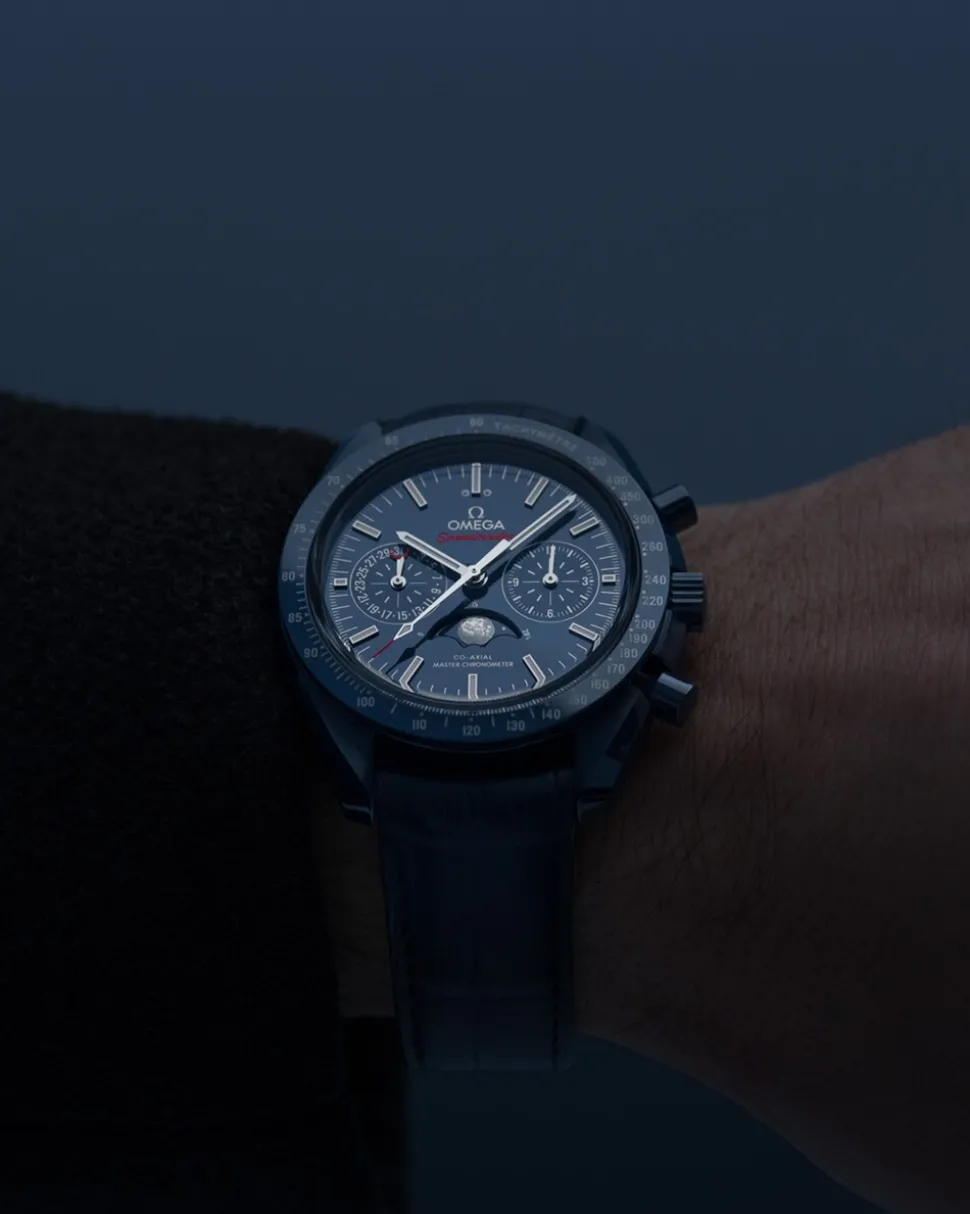 44.25 mm, blue ceramic on leather strap