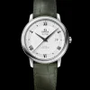 39.5 mm, steel on leather strap