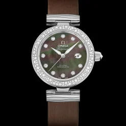34 mm, steel on leather strap