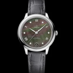 34 mm, steel on leather strap