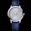 34 mm, steel on leather strap
