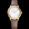 30 mm, yellow gold on leather strap