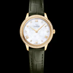 27.5 mm, yellow gold on leather strap