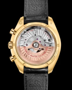 44.25 mm, yellow gold on leather strap